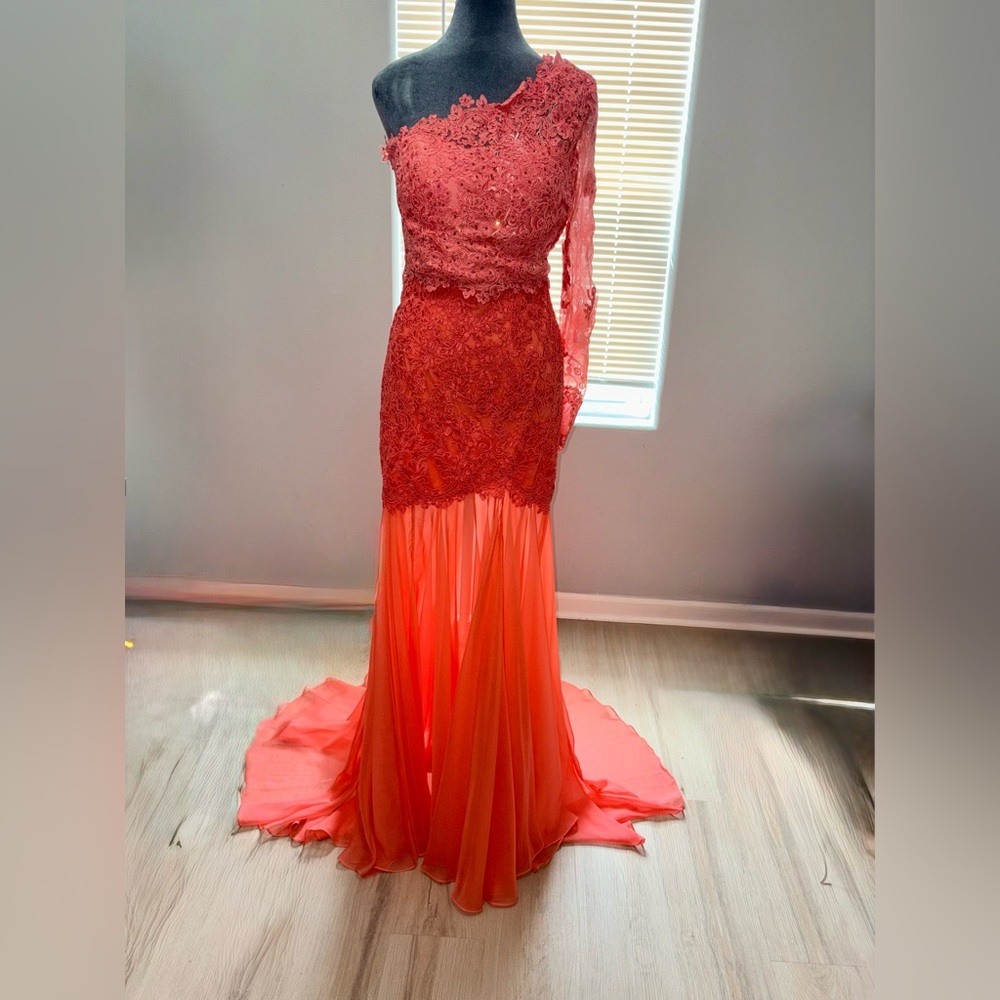 Sherri Hill One-Shoulder Coral Lace 2 Piece